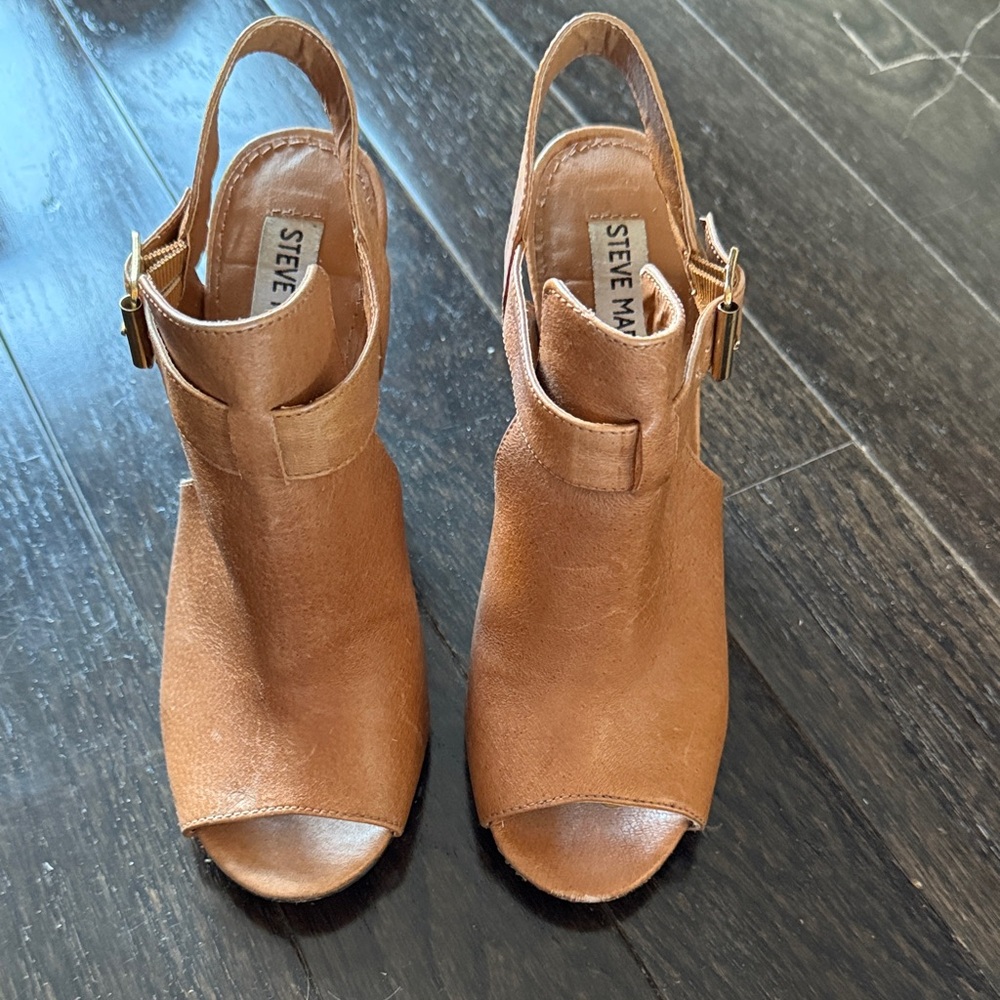 Steve Madden Brown Leather Peep-Toe Slingback Heels